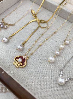 优雅系列原创设计淡水珍珠巴洛克吊坠镀金镶嵌锁骨链日通勤项链女