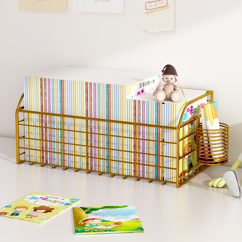 书本收纳盒铁艺书架桌面置物架简易儿童学生宝宝书桌上的分层书柜-图0