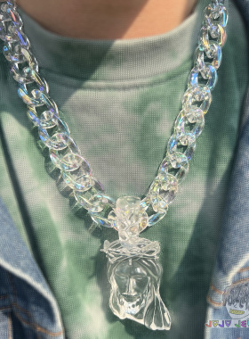 美式街头透明吊坠古巴项链彩色