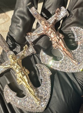 船锚十字架吊坠T方钻拼镶嵌闪钻嘻哈hiphop项链配饰Cross Pendant
