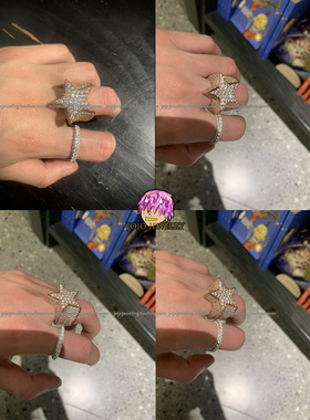 925纯银镀金18k白金三排钻戒指侧面镶嵌男女配饰品嘻哈hiphop指环