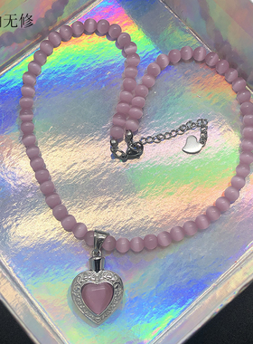 新品粉色系吊坠项链男女猫眼石钛钢