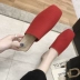 2019 dép mới của phụ nữ mặc baotou dệt kim in lưới màu đỏ hoang dã đầu vuông lười biếng nửa dưới dép dép - Dép Dép