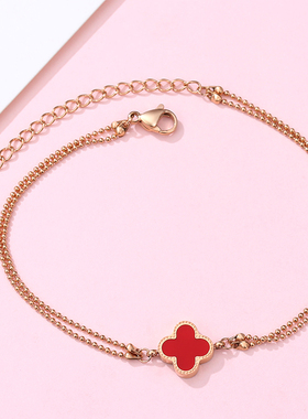 18k双层钛钢玫瑰金四叶草手链