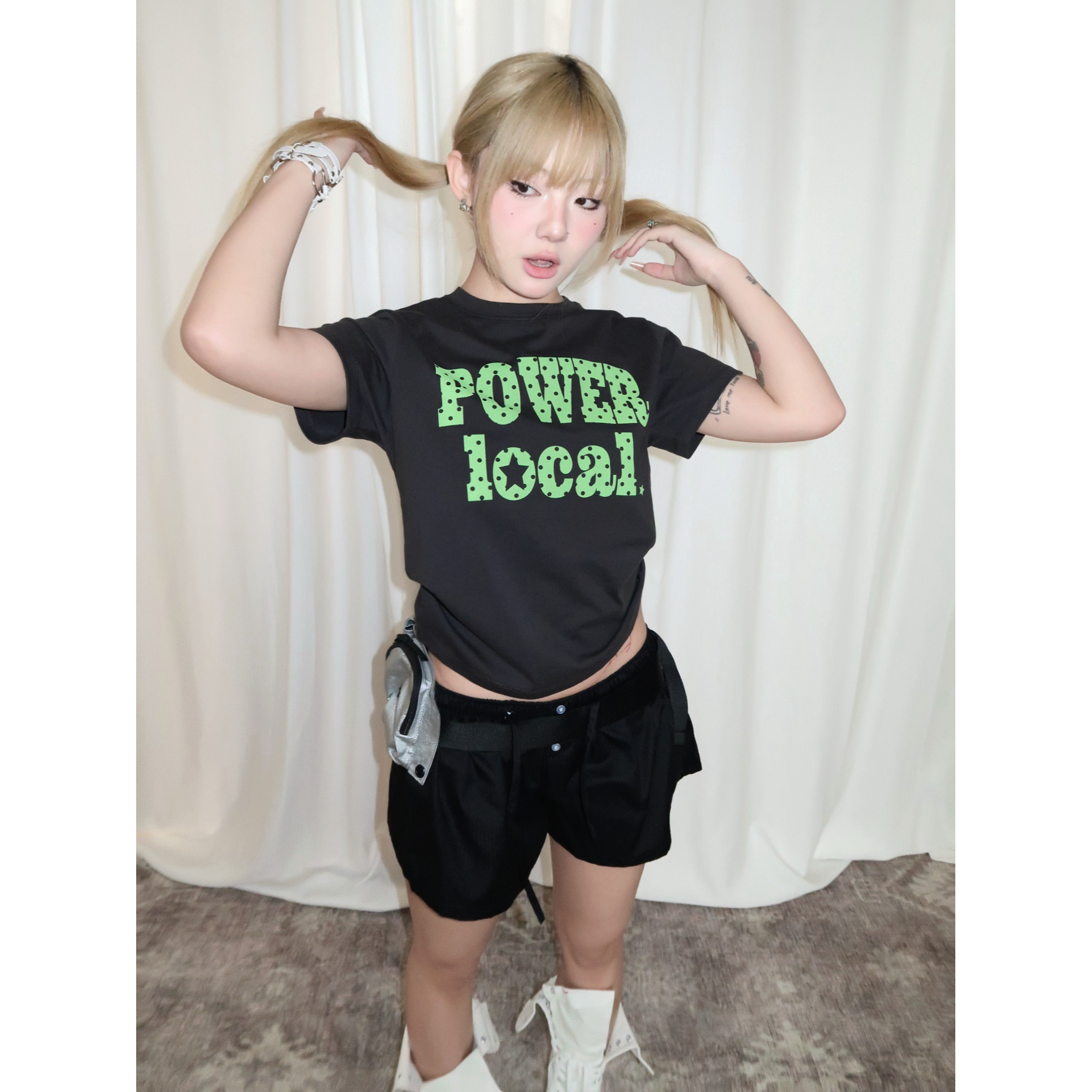 local aliens外星沙龙美式复古波点字母印花正肩短袖彩色基础t恤