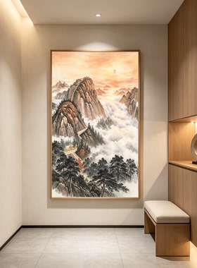 新中式泰山日出手绘靠山挂画