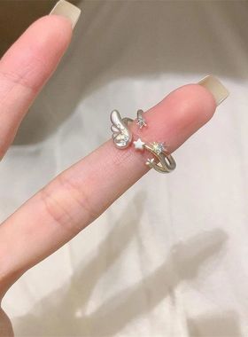 纯白的梦 原创设计天使翅膀闪钻戒指小众简约冷淡银色开口指环女