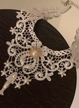 高级感蕾丝锁骨项圈复古颈带宫廷风项链流苏白色蕾丝项圈项链颈链