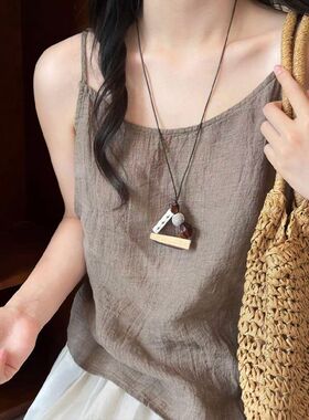 新中式几何木质吊坠项链女2026新款民族风锁骨链小众长款颈链配饰