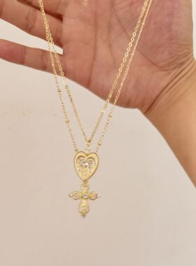 「蕾丝微光」 2025新款中古爱心十字架项链吊坠双层锁骨链轻奢女