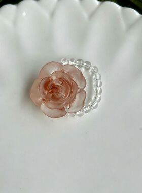 温柔雾粉立体玫瑰花戒指 ins 风串珠指环复古显白花朵食指指环