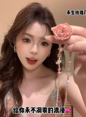 粉色串珠永生花朵玫瑰项链甜美设计温柔锁骨独特链百搭度假