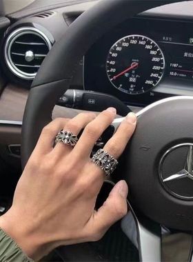 潮罗伈十字克架潮牌戒指男女情侣同款高街个性ins永恒复古做旧戒