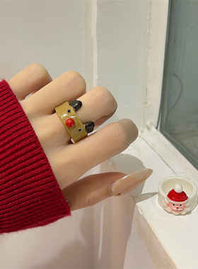 可爱手作圣诞老人小鹿戒指女2026年新款潮少女心小众设计感食指戒