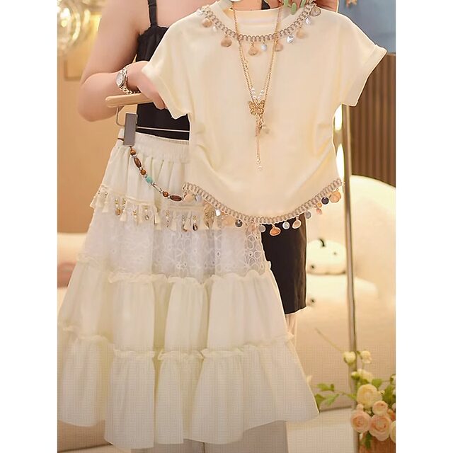 ເດັກຍິງ summer suit skirt ແຂນສັ້ນບາງໆແບບທີ່ທັນສະໄຫມ