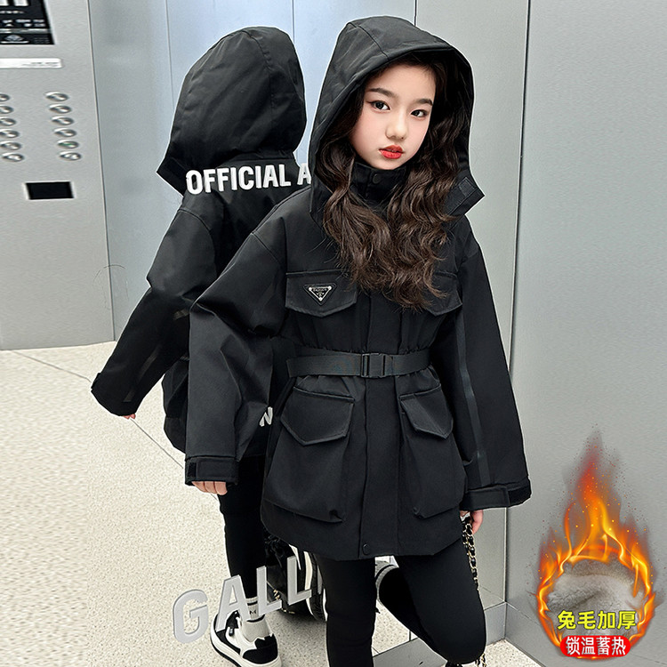 女童夹棉加厚风衣外套中长款保暖2025新款休闲中大童薄棉衣秋冬装 - 图0