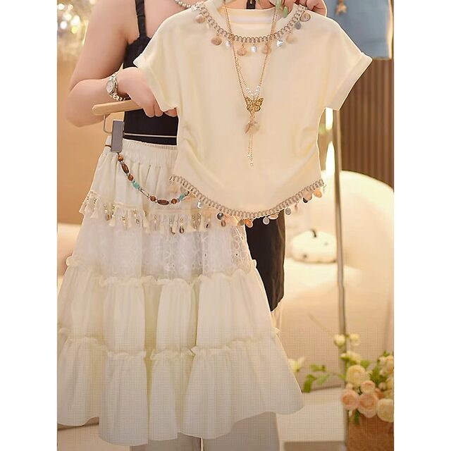 ເດັກຍິງ summer suit skirt ແຂນສັ້ນບາງໆແບບທີ່ທັນສະໄຫມ