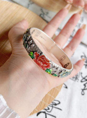 航达银匠足银999牡丹银手镯