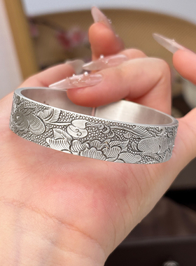 航达银匠 足银999牡丹兔子复古实心开口银手镯送女友七夕礼物女款