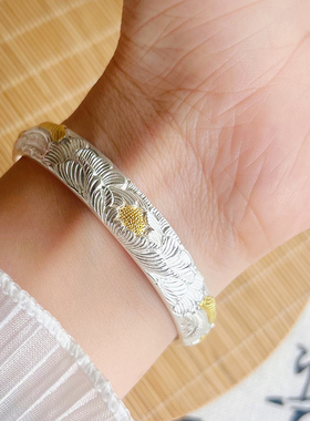 航达银匠镶金牡丹花足银手镯