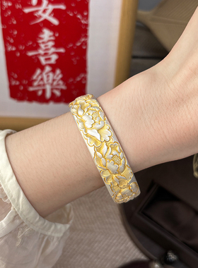 足银9999牡丹花宽版银镯子