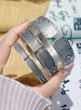 航达银匠实心开口六字真言手镯