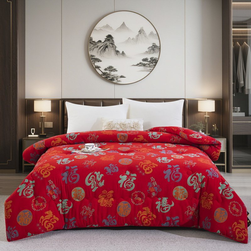 纯棉百福被A类全棉双层纱被子双春年送妈妈喜庆红被子本命年床单