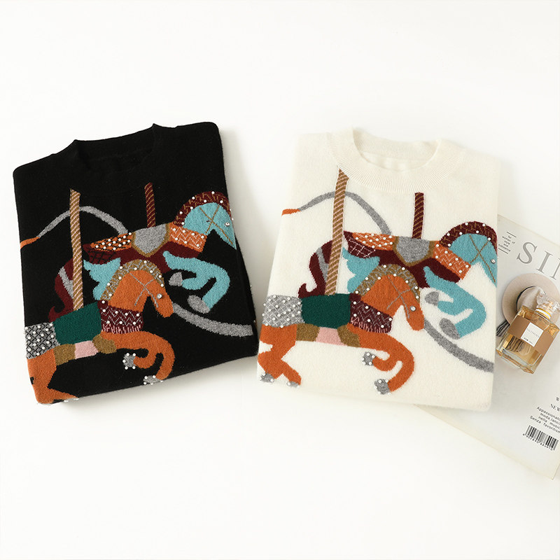 萨琪尼100%纯山羊绒衫女士圆领套头毛衣重工钉珠提花羊绒打底衫,淘宝优惠券,粉丝福利购,淘宝优惠卷