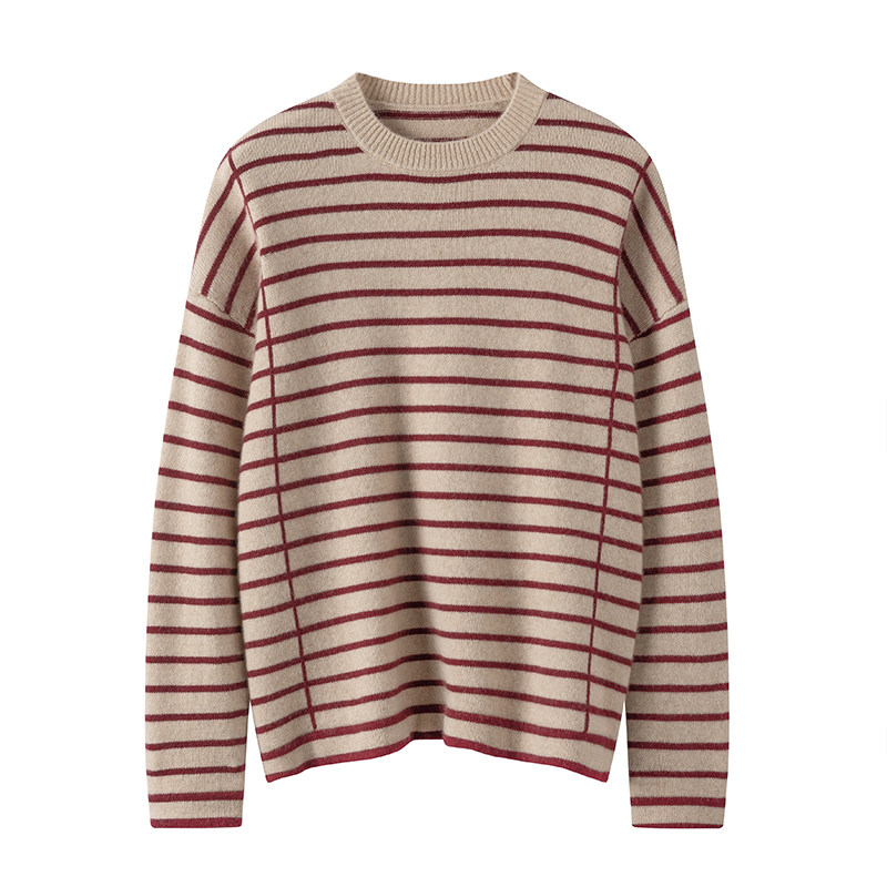 非凡气质~2024新款女装纯羊绒套头毛衣休闲条纹拼色针织打底衫潮,淘宝优惠券,粉丝福利购,淘宝优惠卷