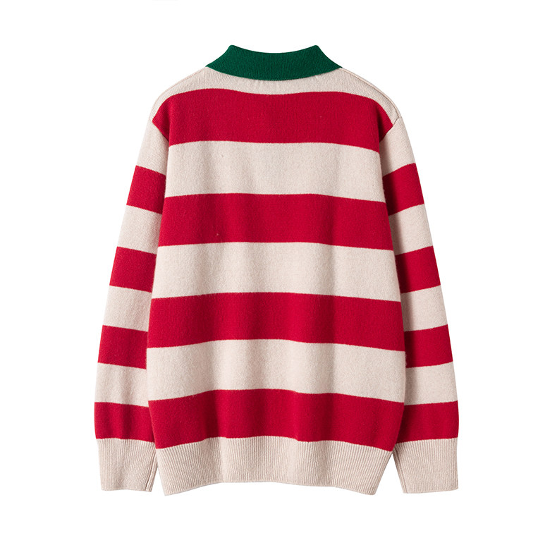 这个真心好看！加厚复古休闲风POLO翻领红条纹羊绒毛衣女纯羊绒衫,淘宝优惠券,粉丝福利购,淘宝优惠卷