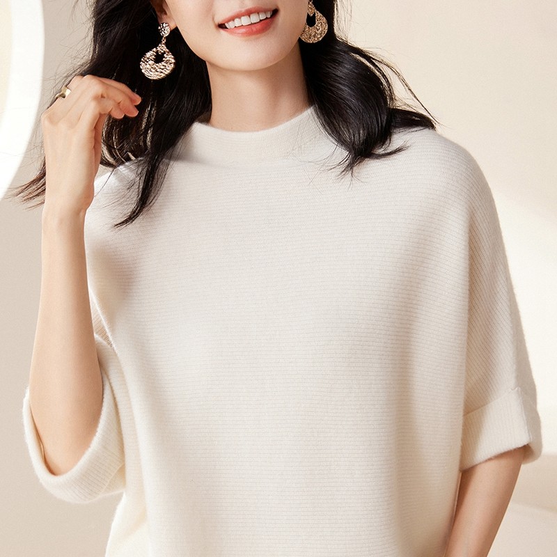 高段位气质！蝙蝠袖半高领羊绒衫女短袖纯羊绒毛衣针织衫中袖新款,淘宝优惠券,粉丝福利购,淘宝优惠卷