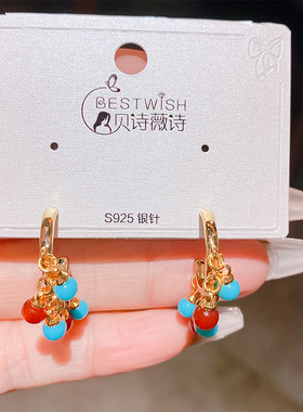 银针美拉德名族风祖母绿串珠耳环