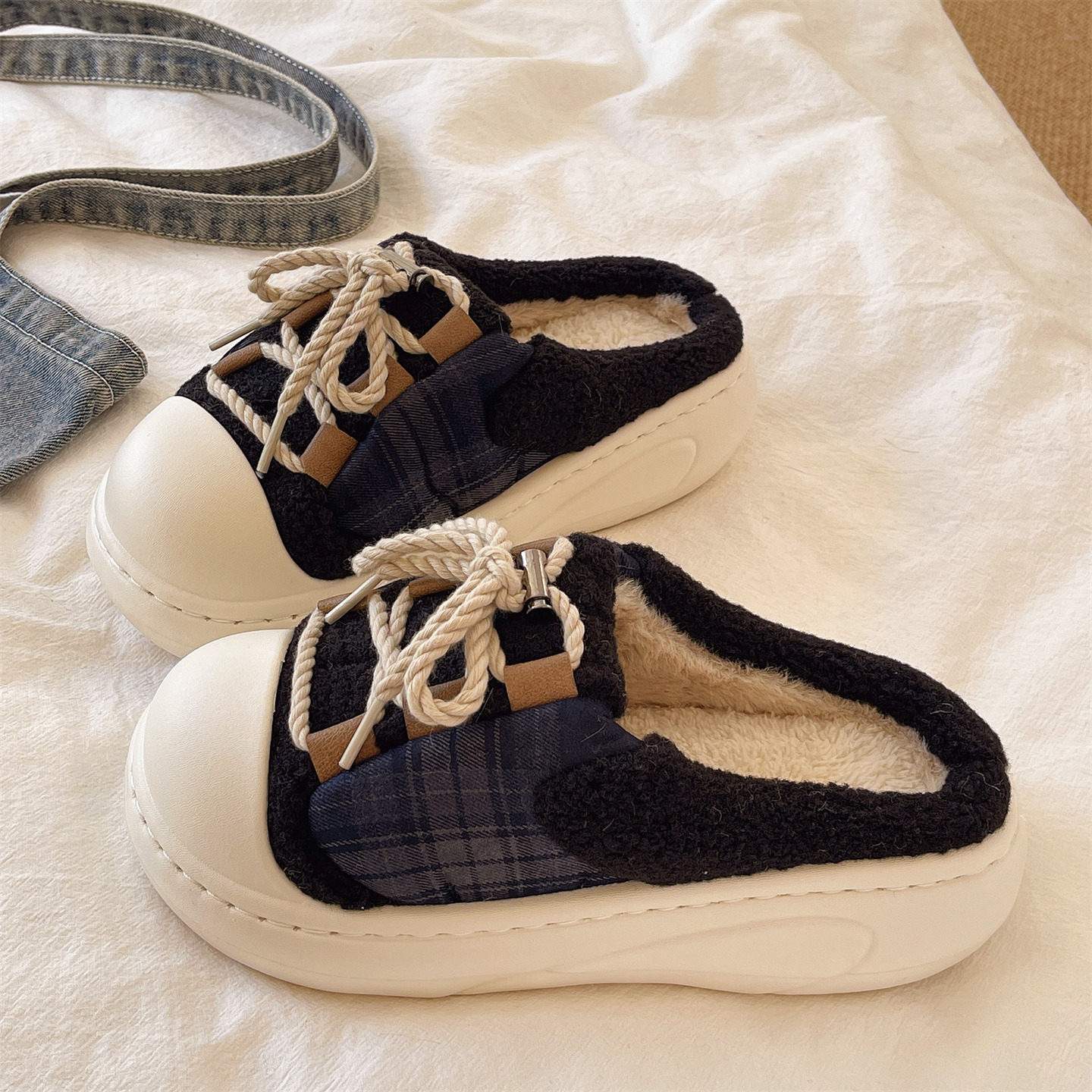 时尚系带棉拖鞋女冬季外穿包头加绒保暖防滑厚底室内居家毛毛拖鞋,淘宝优惠券,粉丝福利购,淘宝优惠卷