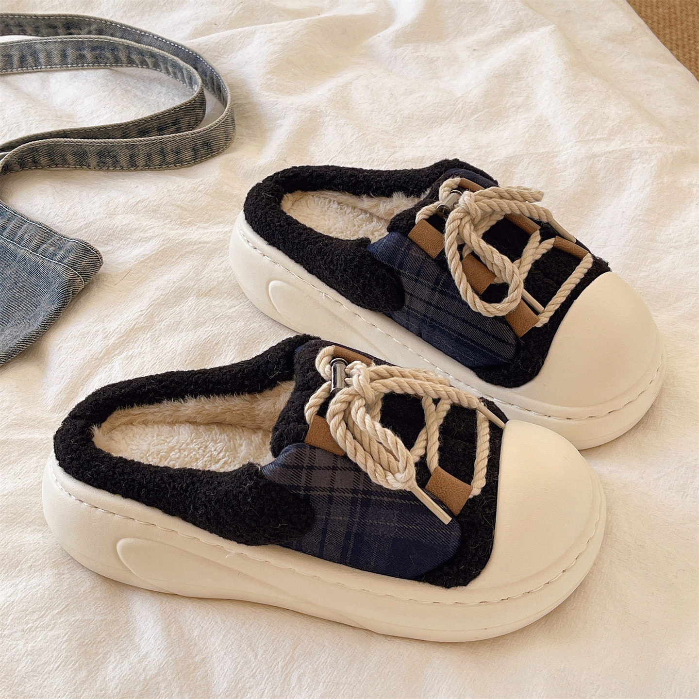 时尚系带棉拖鞋女冬季外穿包头加绒保暖防滑厚底室内居家毛毛拖鞋,淘宝优惠券,粉丝福利购,淘宝优惠卷