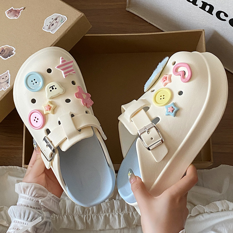多巴胺厚底洞洞鞋女夏季网红外穿可爱小熊纽扣防滑包头沙滩凉拖鞋,淘宝优惠券,粉丝福利购,淘宝优惠卷