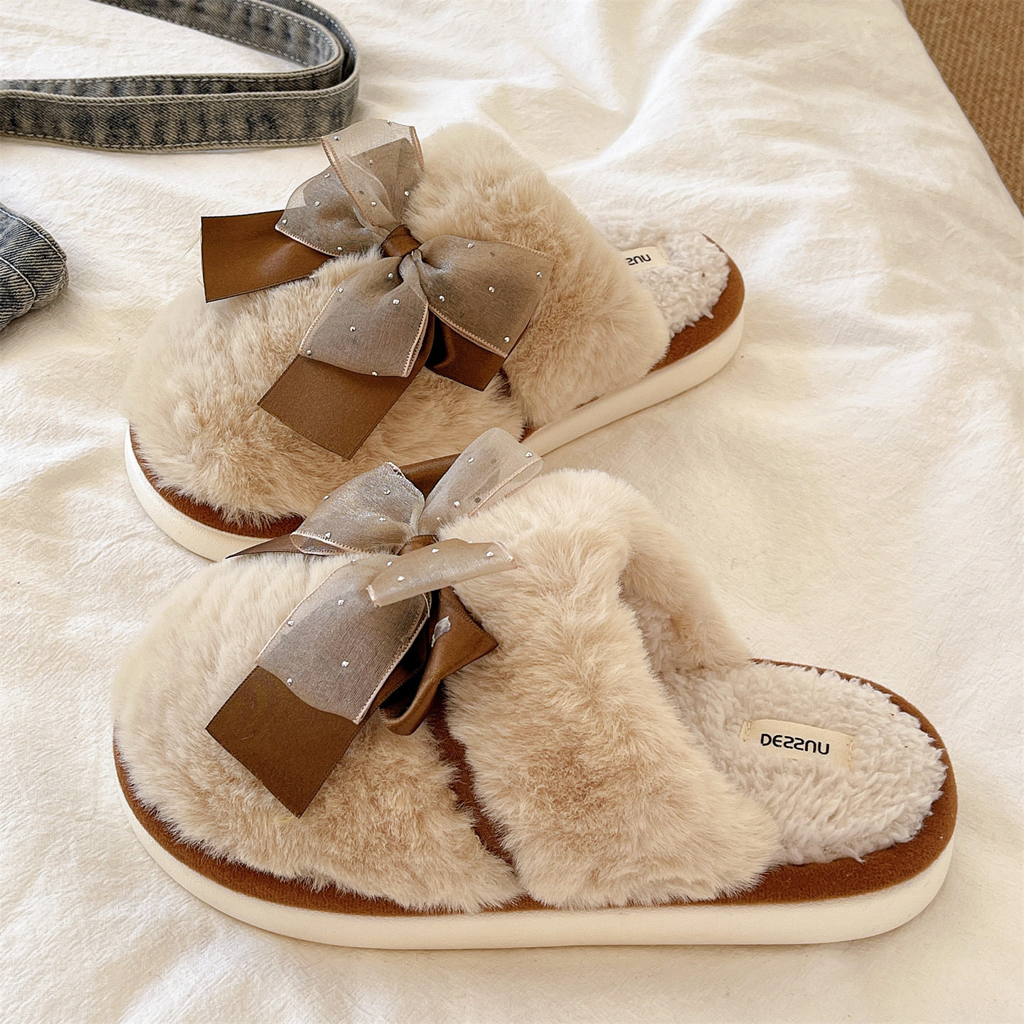 少女心甜美蝴蝶结毛毛拖鞋女冬季毛绒保暖室内居家防滑包头棉拖鞋,淘宝优惠券,粉丝福利购,淘宝优惠卷