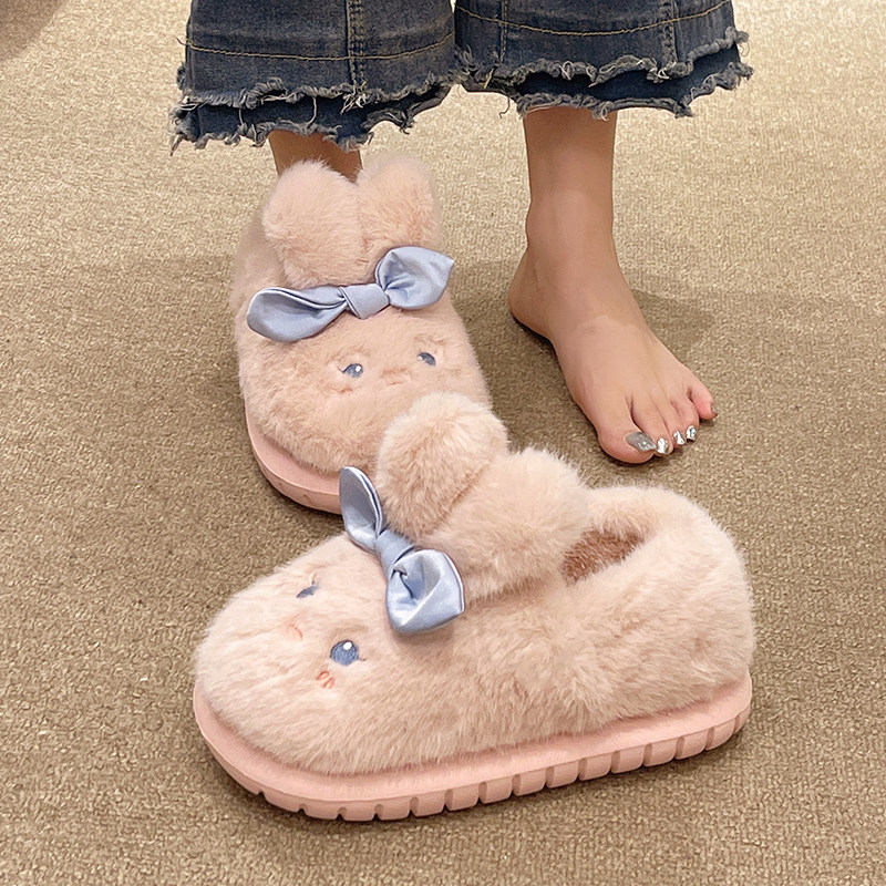 可爱蝴蝶结兔子棉拖鞋女冬季室内居家防滑月子鞋保暖毛绒包跟棉鞋,淘宝优惠券,粉丝福利购,淘宝优惠卷