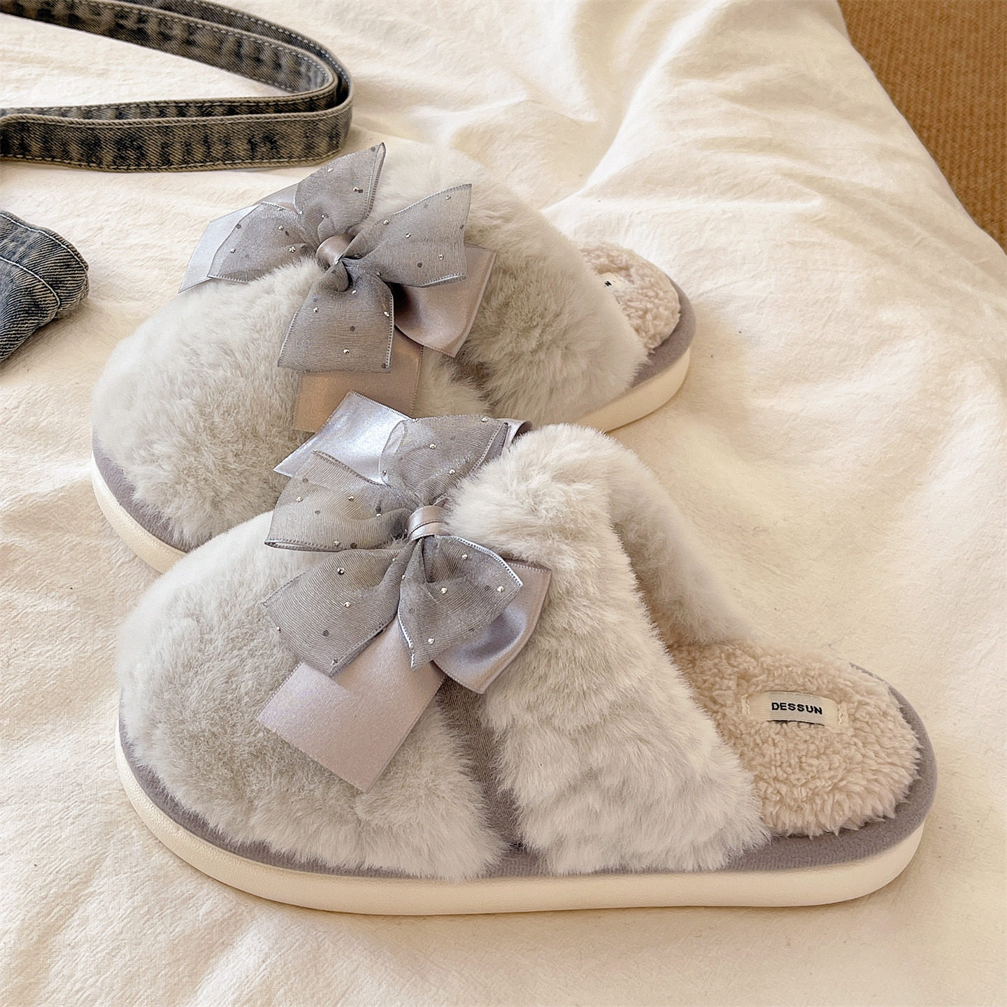 少女心甜美蝴蝶结毛毛拖鞋女冬季毛绒保暖室内居家防滑包头棉拖鞋,淘宝优惠券,粉丝福利购,淘宝优惠卷