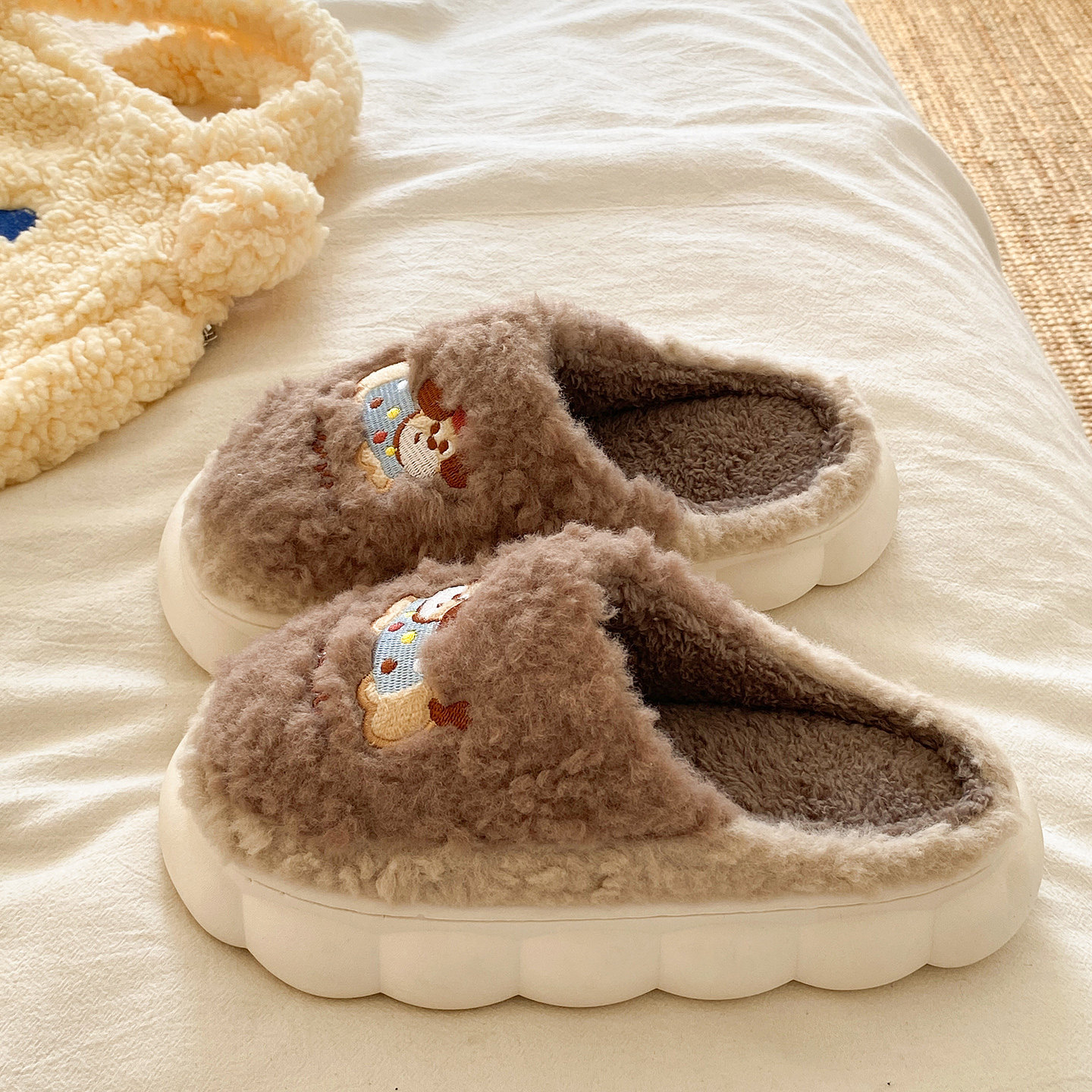 可爱派对小狗毛毛拖鞋女冬季加绒保暖室内外穿厚底防滑包头棉拖鞋,淘宝优惠券,粉丝福利购,淘宝优惠卷