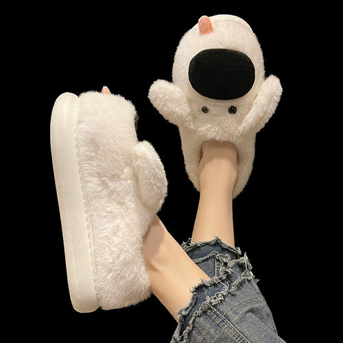 可爱大鼻狗棉拖鞋女冬季外穿毛绒保暖情侣室内居家防滑包跟棉鞋男 - 图3