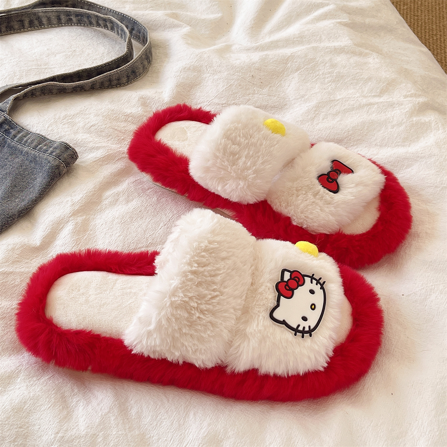 少女心可爱猫咪毛毛拖鞋女秋冬季室内居家防滑保暖毛绒一字棉拖鞋 - 图1