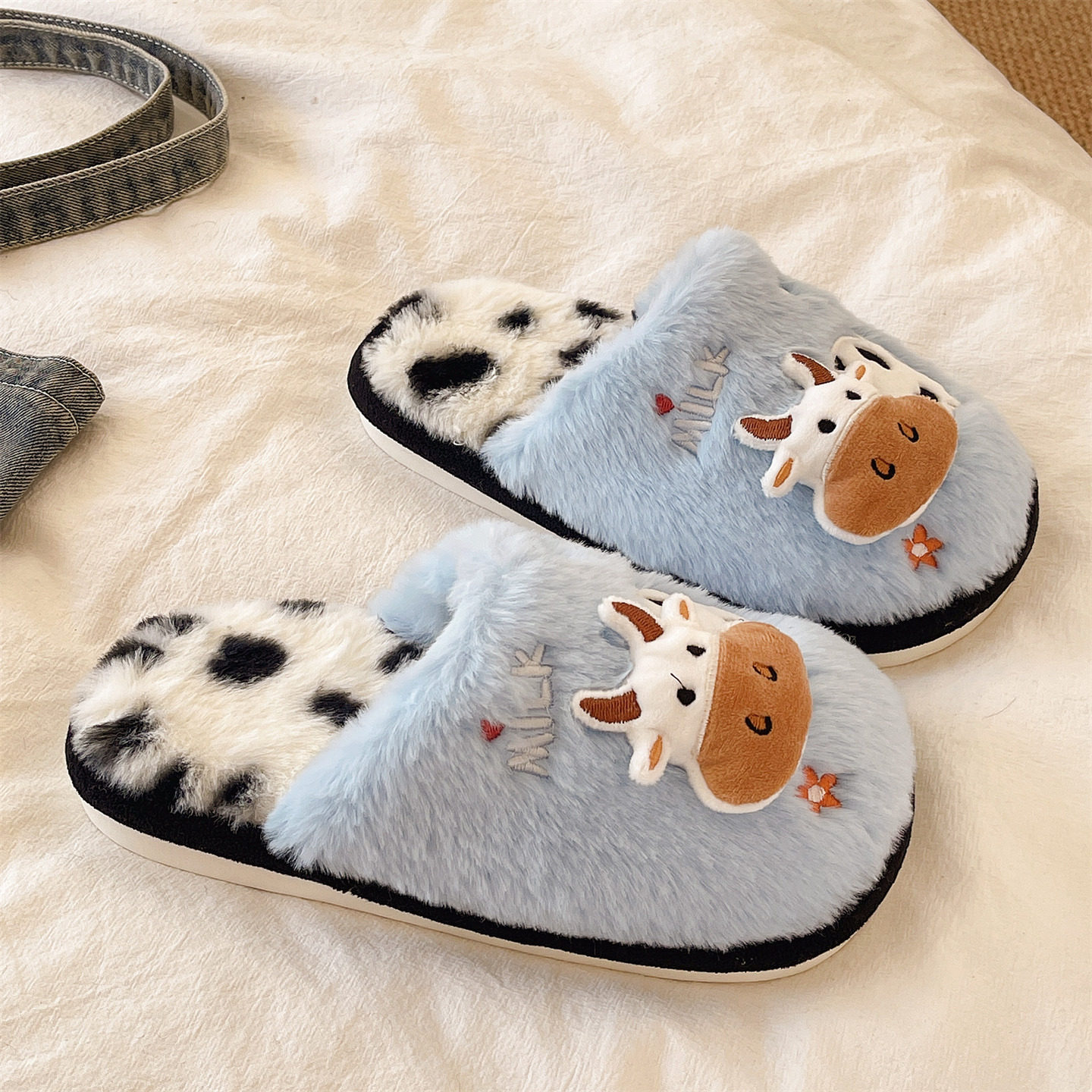 可爱奶牛棉拖鞋女冬季2025新款室内居家保暖毛绒防滑厚底毛毛拖鞋,淘宝优惠券,粉丝福利购,淘宝优惠卷