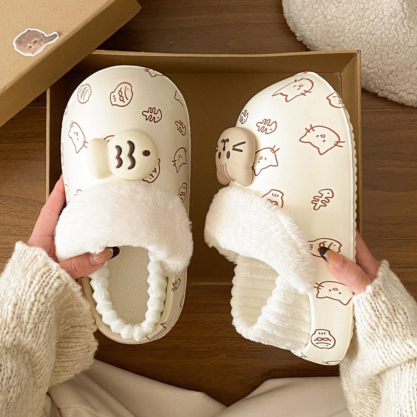 可拆卸棉拖鞋女士冬季加绒保暖室内外穿防水可爱猫鱼印花包跟棉鞋,淘宝优惠券,粉丝福利购,淘宝优惠卷