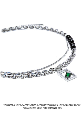 高级感方形绿宝石双层钛钢项链