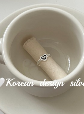 韩国ins风小众设计饰品 S925纯银黑色滴釉蝴蝶结爱心花边戒指高级