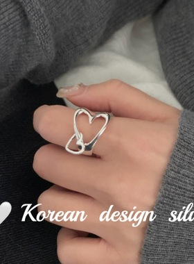 韩国东大门ins风亮银饰品 S925纯银宽版镂空心心相依戒指小众设计