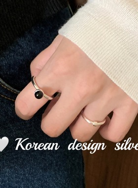韩国东大门小众ins设计银饰品 S925纯银简约黑玛瑙戒指高级感女款