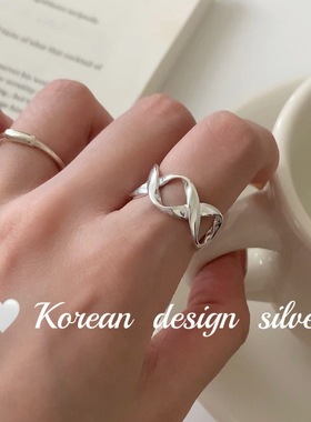 韩版ins风小众设计亮银饰品 S925纯银椭圆镂空拼接戒指高级感女款