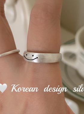 韩版东大门ins风银饰品 S925纯银百搭涂鸦笑脸拉丝戒指小众高级女