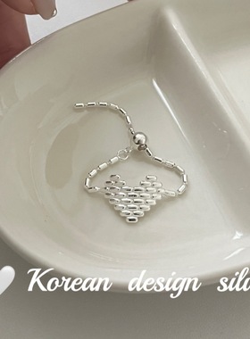 韩系简约小众设计银饰 S925纯银编织爱心抽拉可调节戒指高级感ins